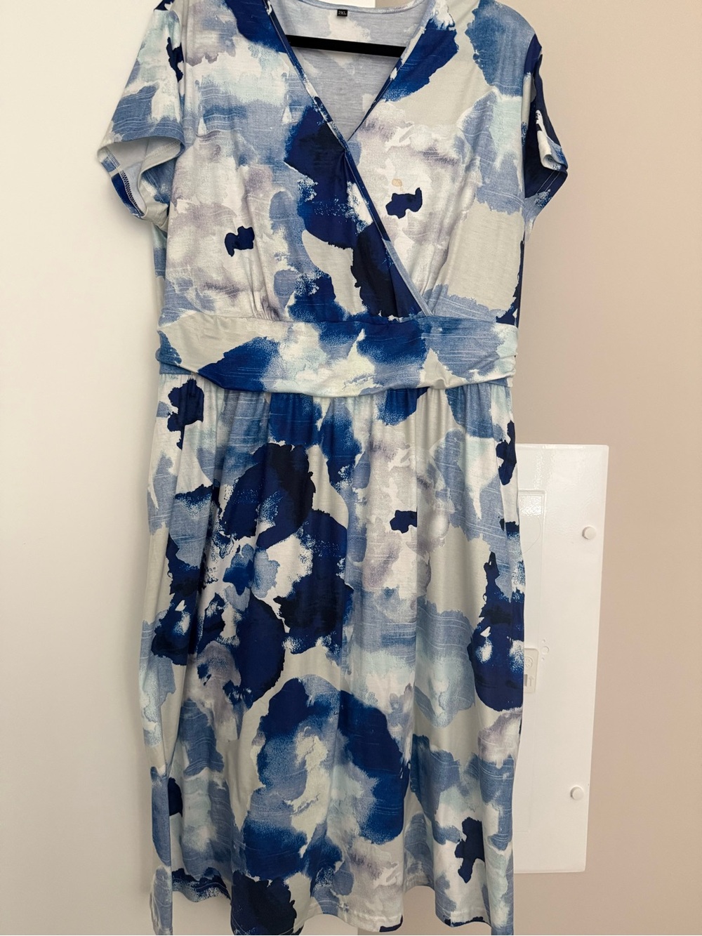 Blue Watercolor Print Midi Dress - V-Neck Wrap Style - Picture 1 of 8